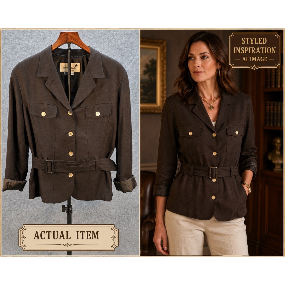 Stanley Blacker Safari Jacket Women 10 Black Excellent VTG Belted Linen Blend